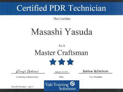 Masashi Yasuda デントリペア技術者ライセンス・マスタークラフトマン認定証
